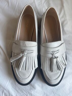 Stuart Weitzman White Leather Platform Tassel Loafers Lug Sole, Size 40